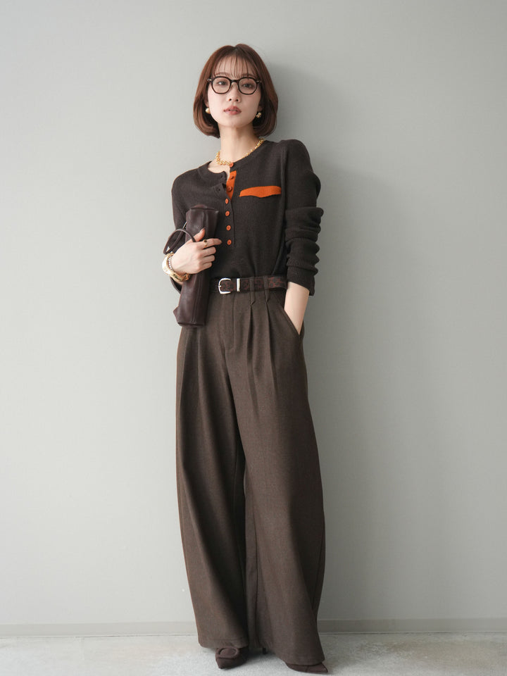 [SET]バイカラーデザインポケット配色ヘンリーネックニットソー+アニマル柄ベルト付きウールタッチワイドパンツ(2set)