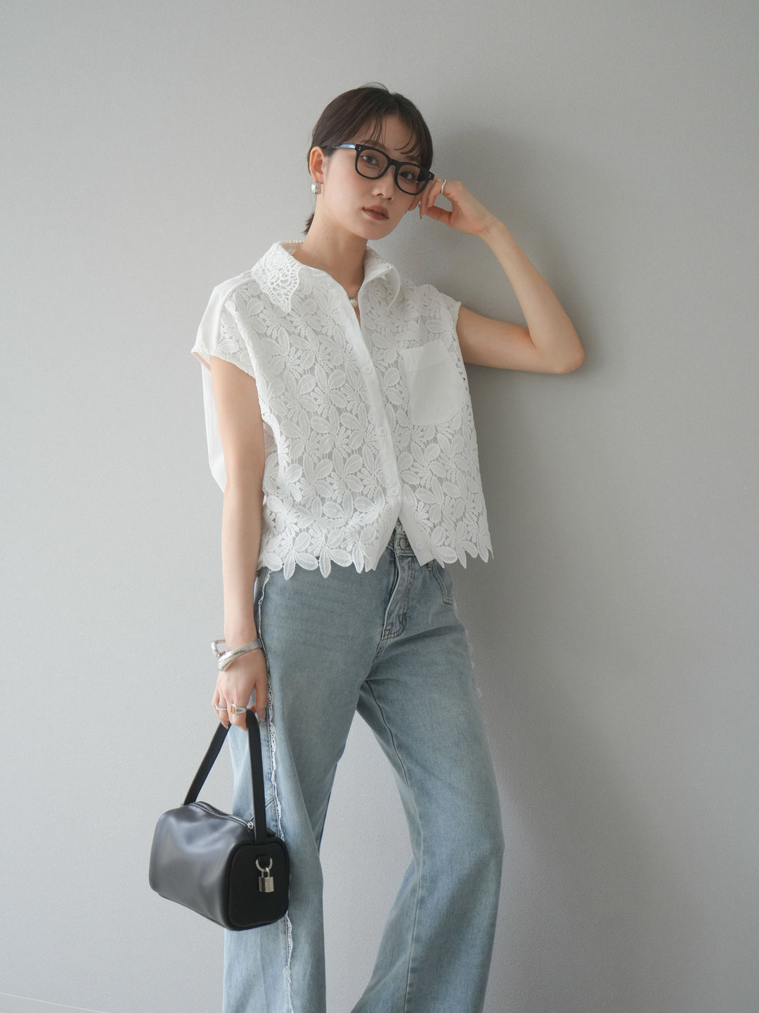 【預購】蕾絲分層抽繩襯衫/白色