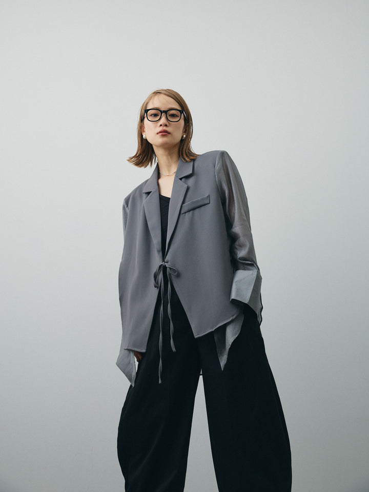 [SET]シアー切替テーラードジャケット+リネンライクカシュクールデザインビスチェ+コクーンワイドチノパンツ(3set)