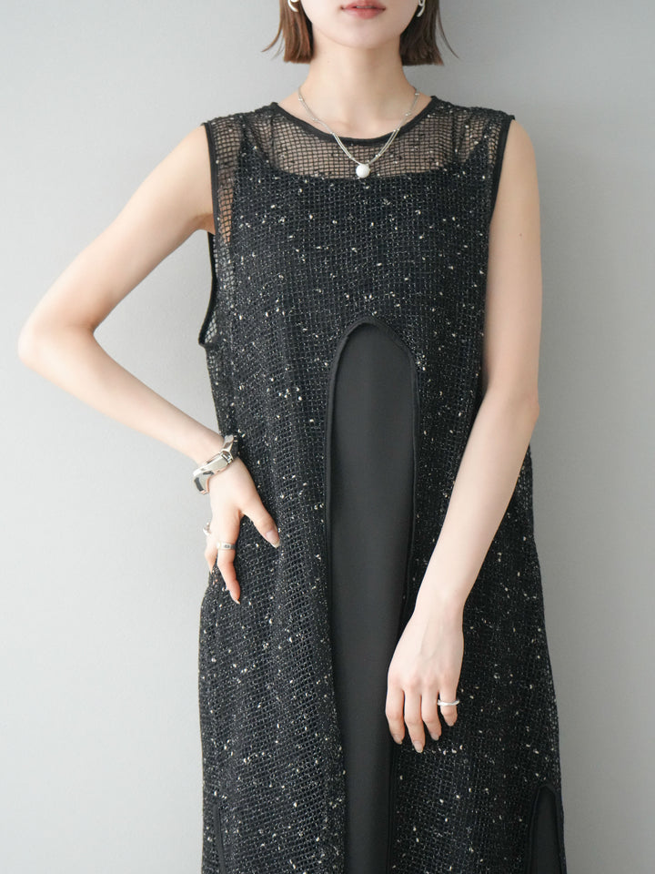 【預購】前開衩網紗連身裙/黑色