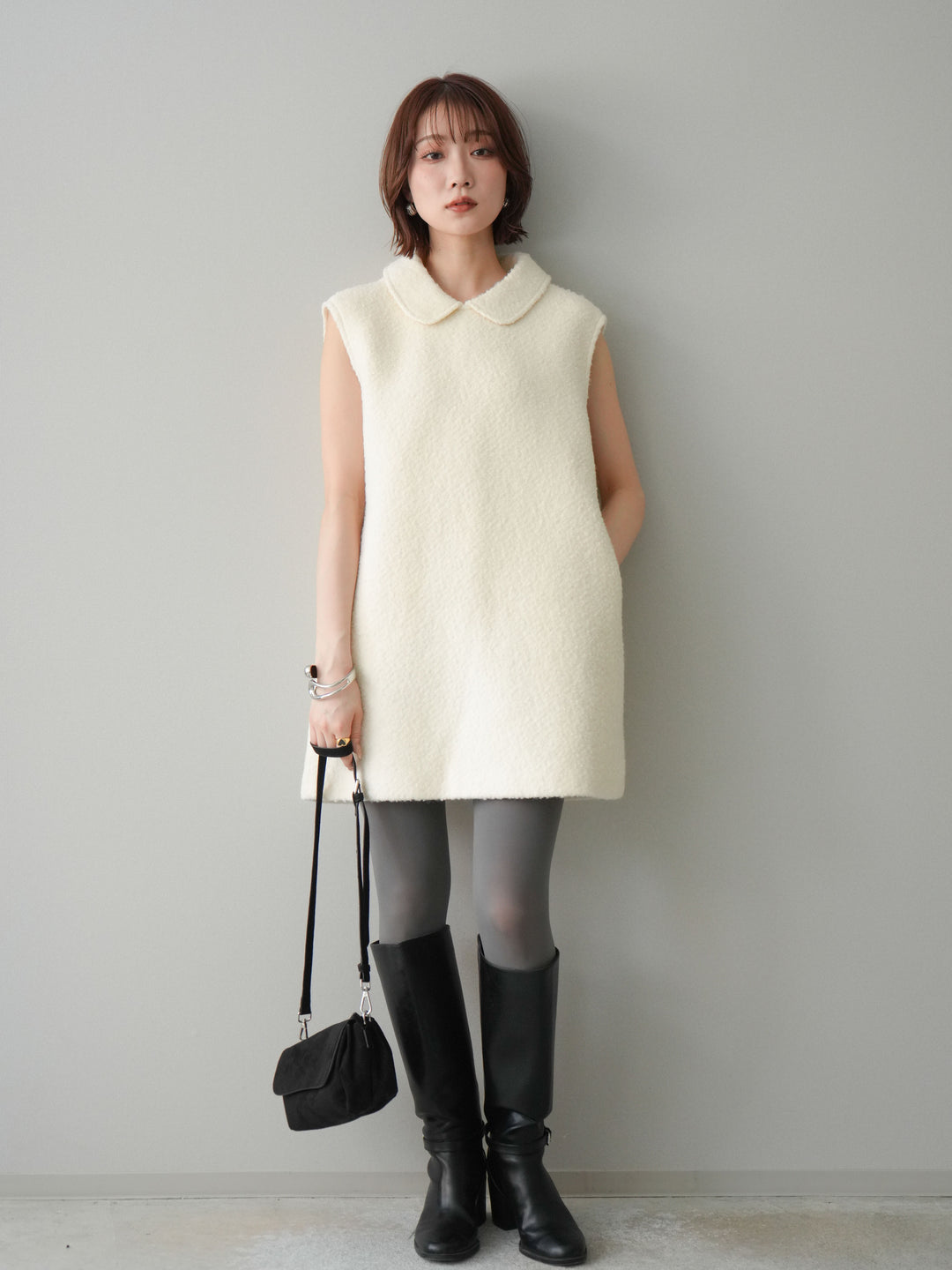 [予約]襟付きブークレミニワンピース/offwhite