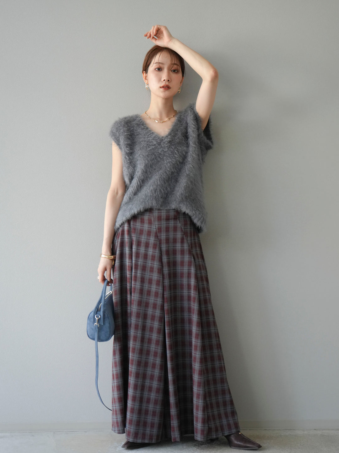 [予約]チェックタックフレアロングスカート/ ボルドー