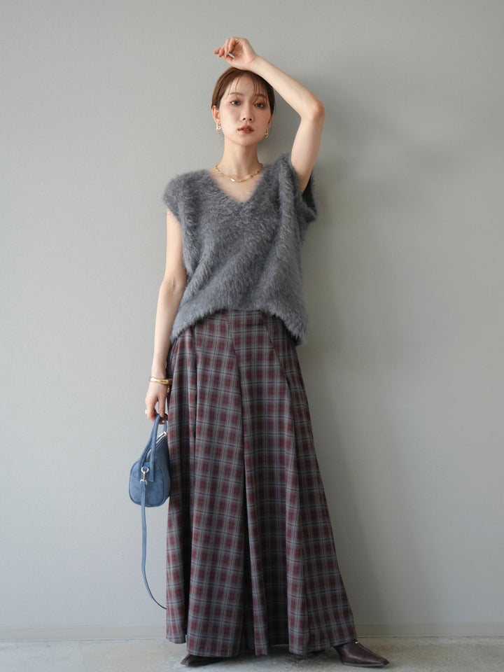[予約]チェックタックフレアロングスカート/ ボルドー