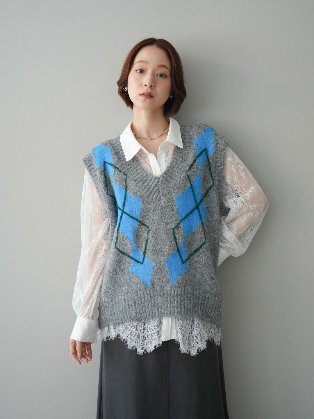 [SET]アーガイルVネックニットベスト+選べるアクセセット(2set)