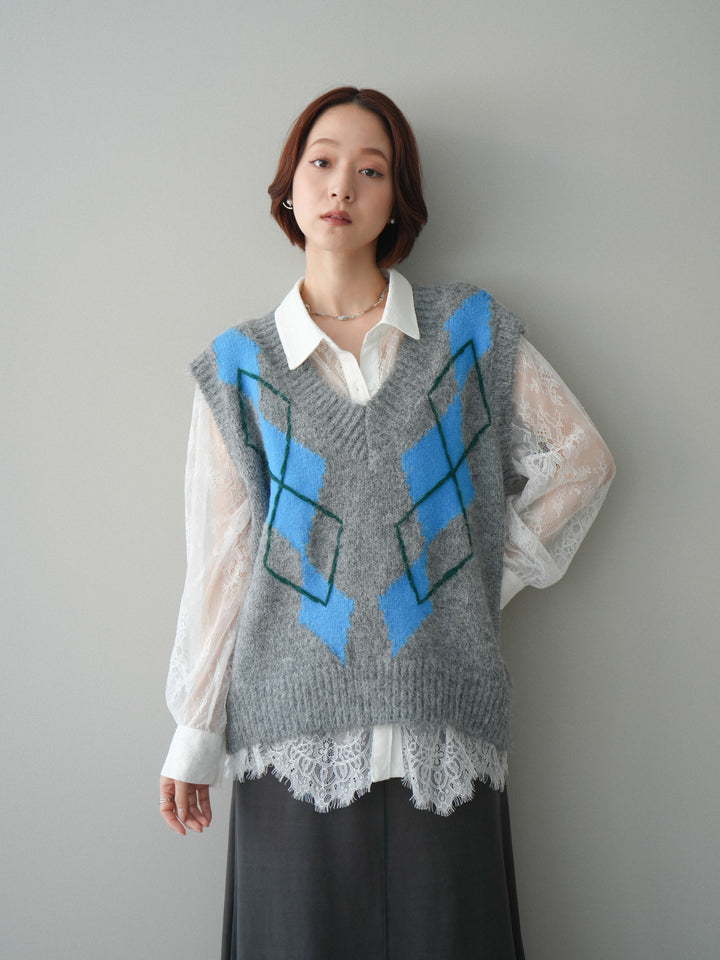 [SET]アーガイルVネックニットベスト+選べるアクセセット(2set)