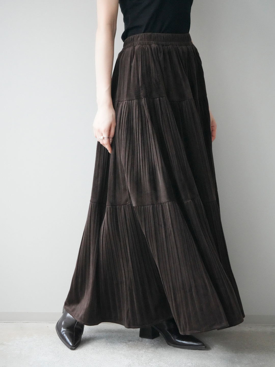 [予約]ベロアティアードワッシャースカート/brown