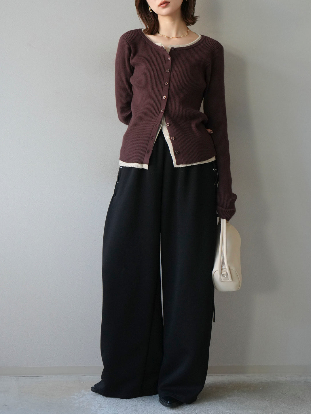 [予約]レイヤード配色ニットカーディガン/ブラウン