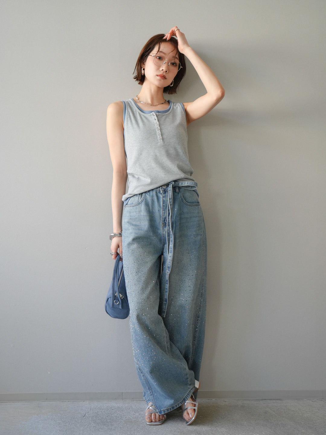[SET]配色リブヘンリータンクトップ+ウエストベルトビジューワイドデニムパンツ(2set)