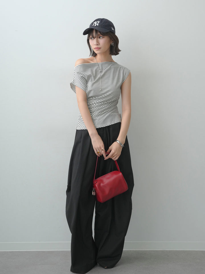 [SET]アシメギャザーカットソー+ベルトループカーブタックワイドパンツ(2set)