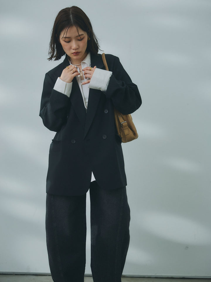 【Allure】[SET]杢調ライトテーラードジャケット+ウエストフリンジカットオフカーブデニムパンツ(2set)