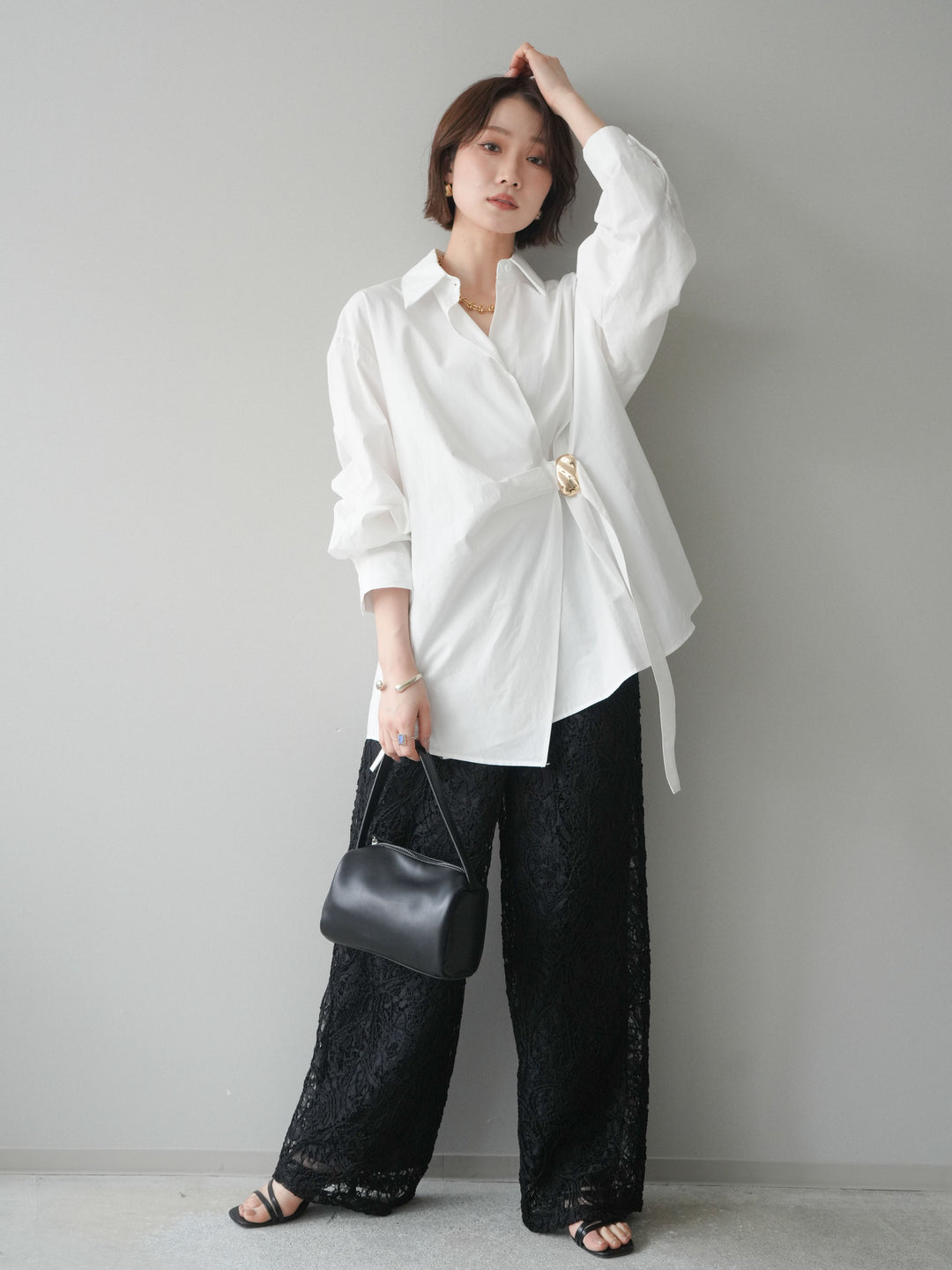 [SET]メタルパーツドレープシャツ+シアーコードレースイージーパンツ(2set)