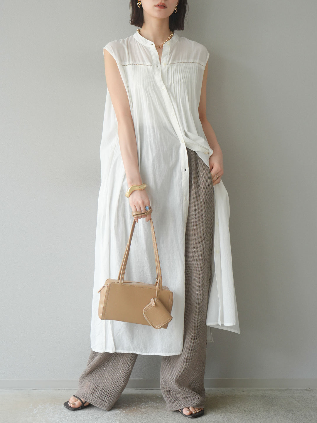 [預購] 棉金銀絲網眼休閒褲/米色