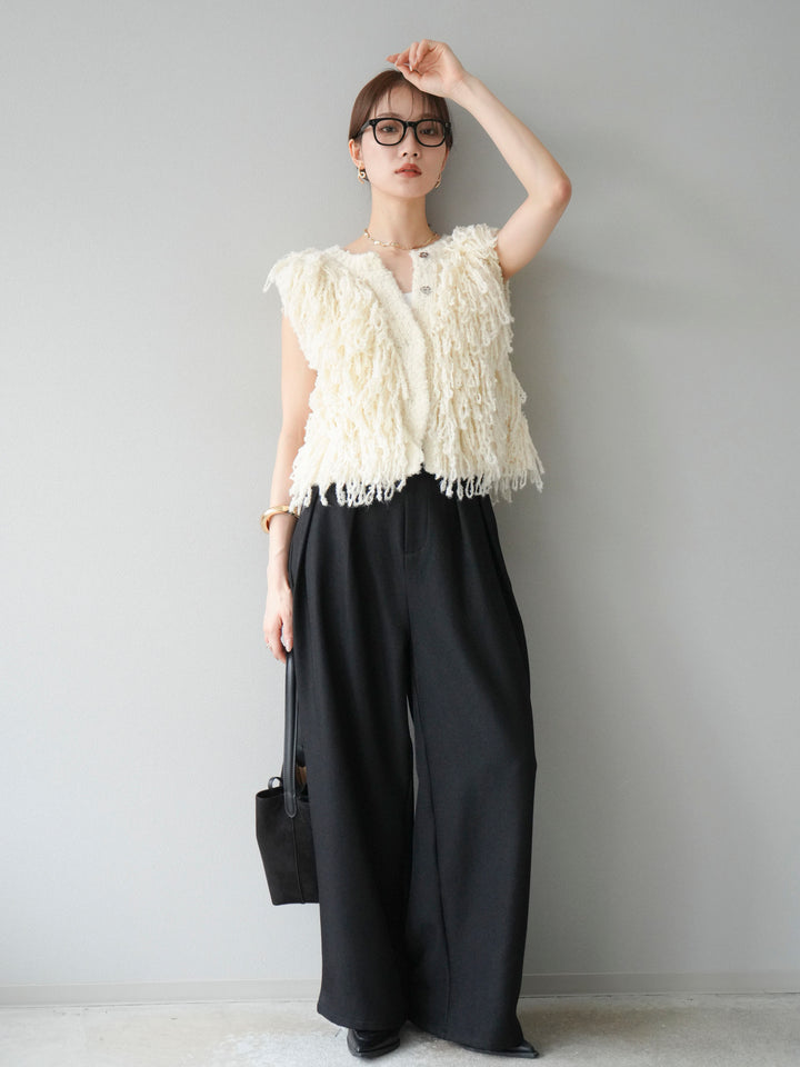 [予約]レザーパイピングタックワイドパンツ/ブラック