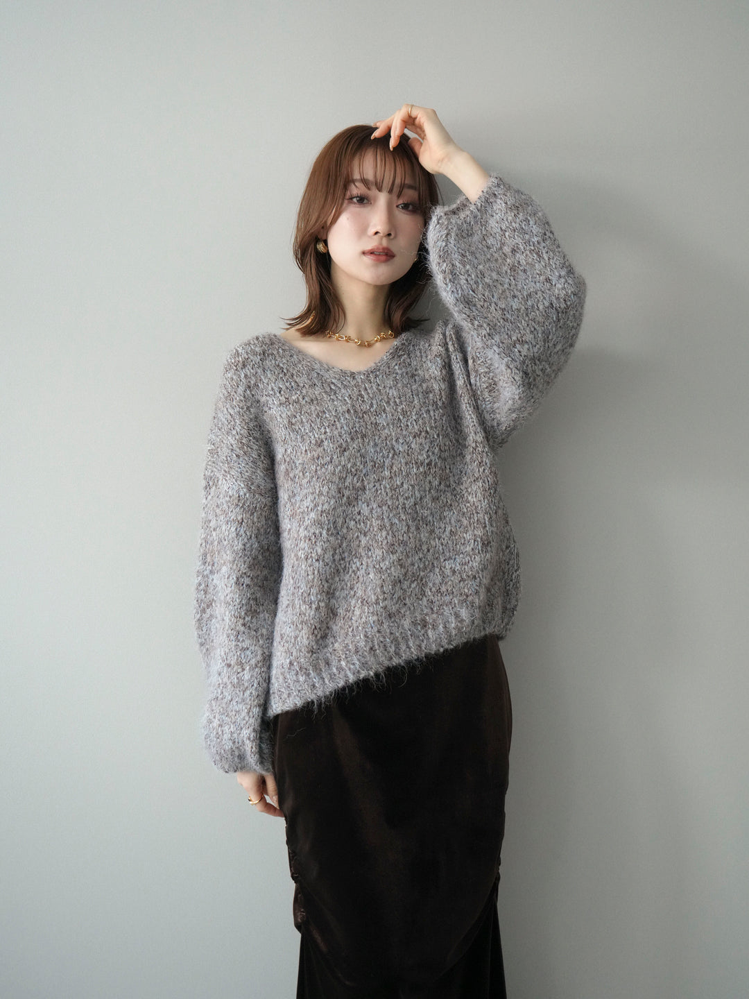 [予約]Vネックミックスヤーンニットプルオーバー/blue