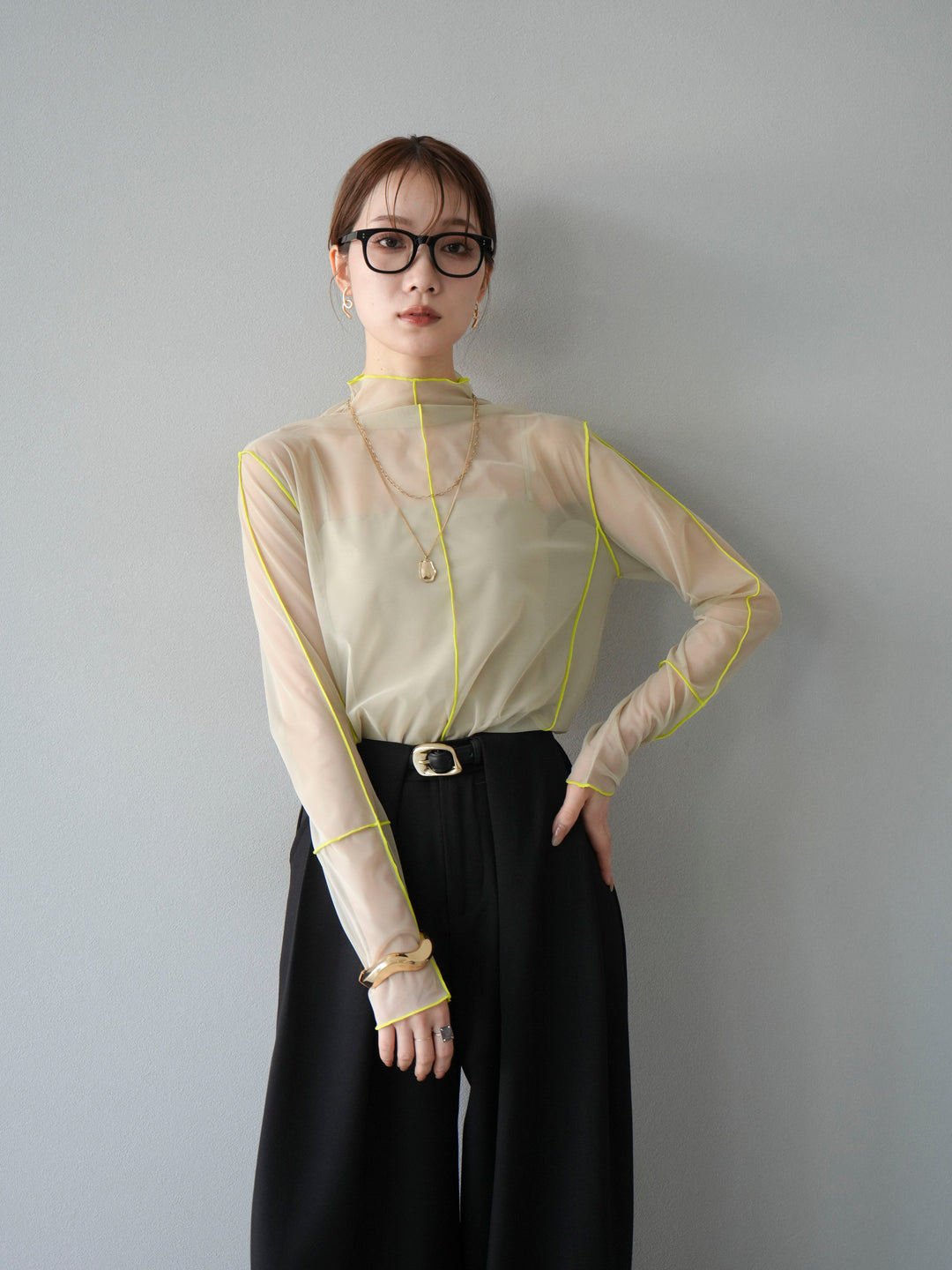 [予約]シアーパイピングカットソー/ピスタチオ×イエロー