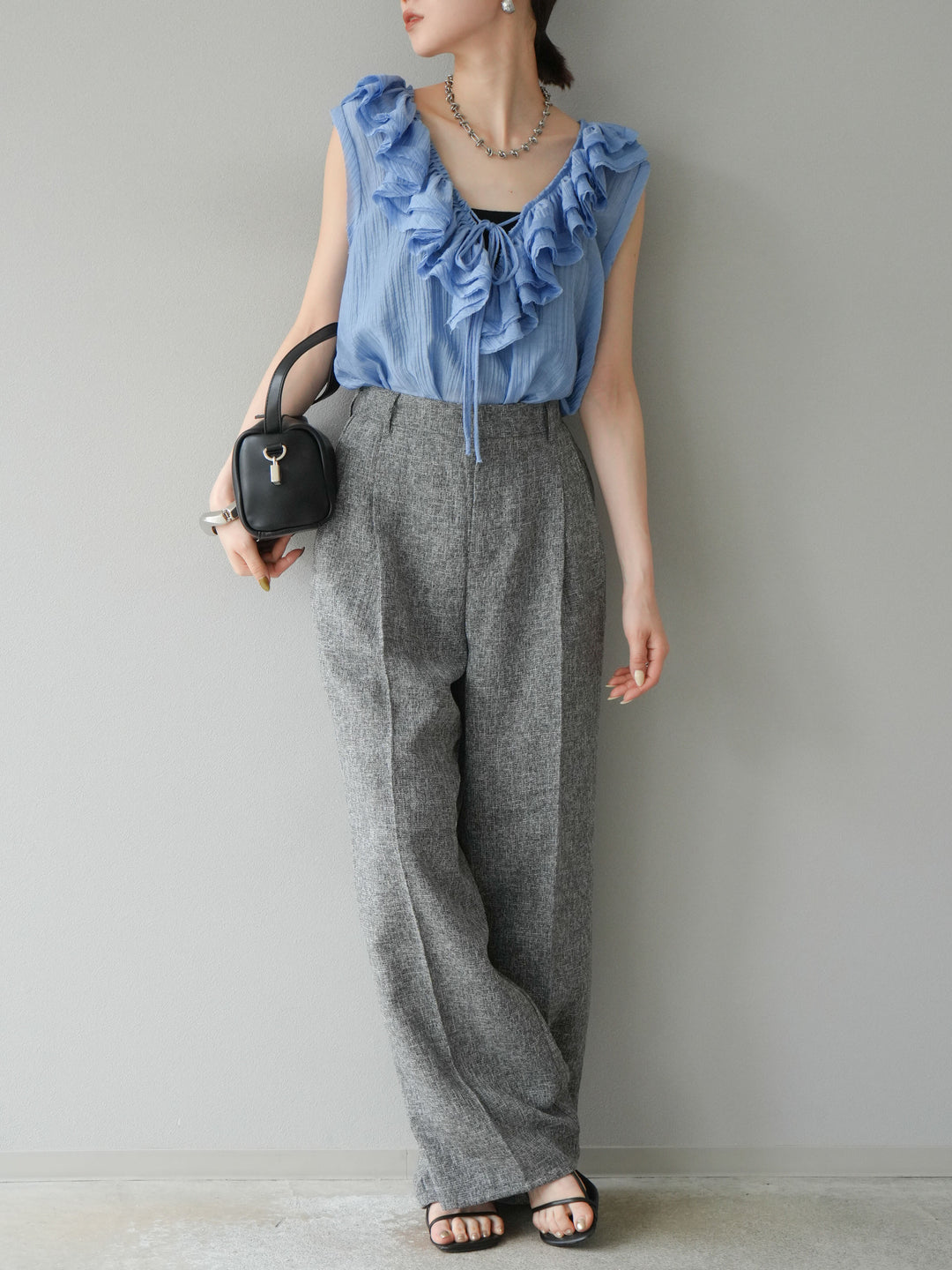 [預購] 混合粗花呢褶襉褲/黑色