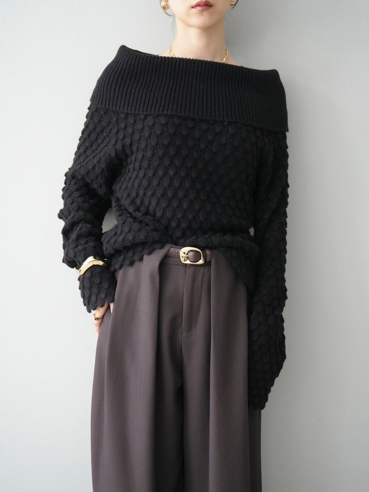 [SET]ポコポコ編みオフショルニットプルオーバー+ベルトループデザインワイドパンツ(2set)