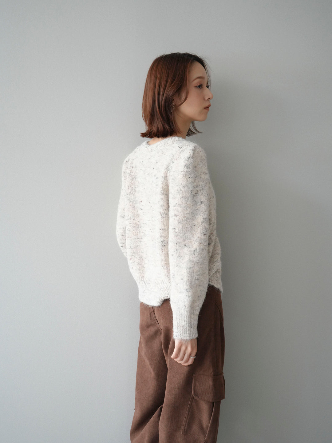 [予約]ブローチ付silverボタンミックスニットカーディガン/beige