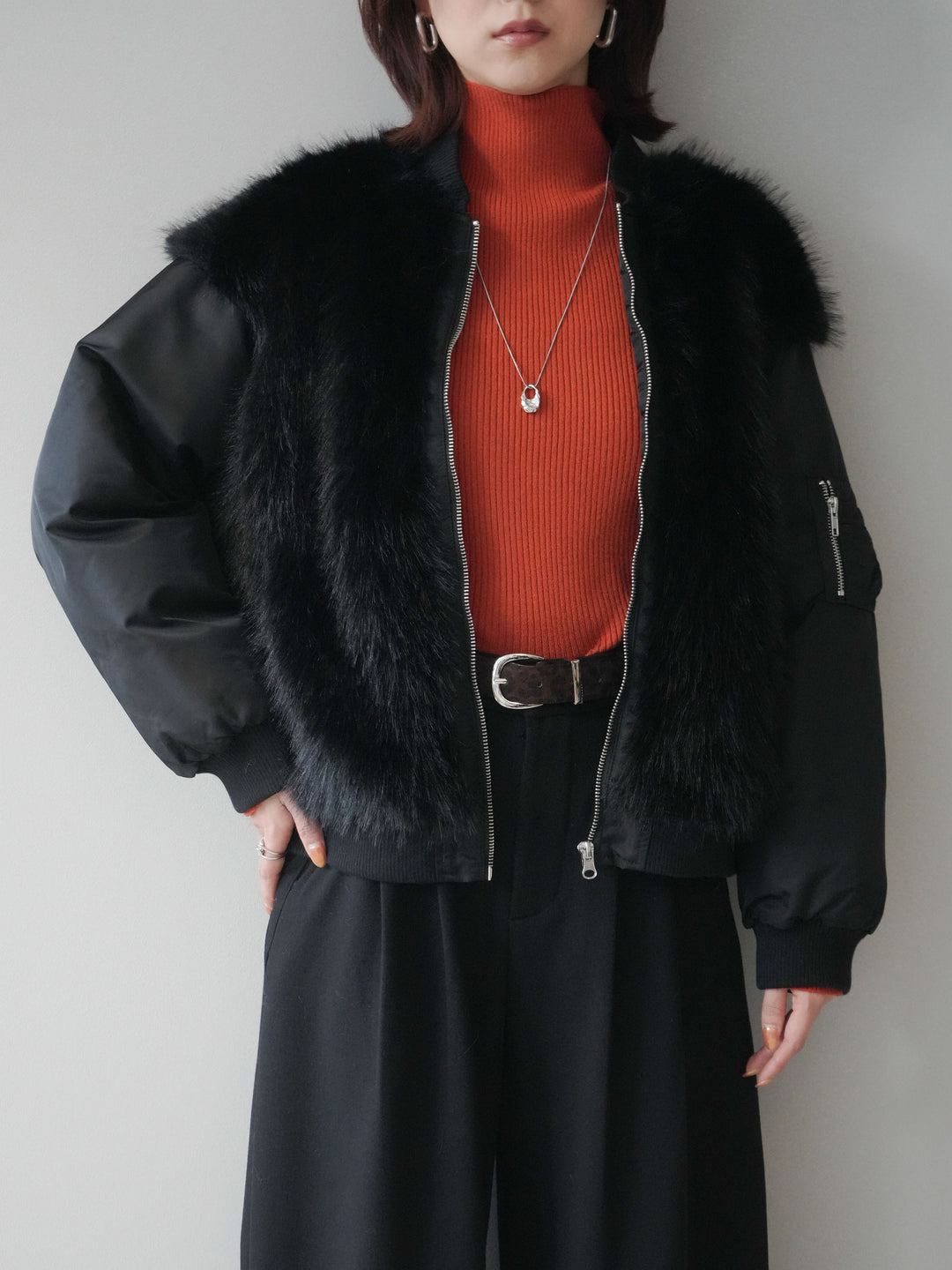 [SET]ファードッキングMA-1+アニマル柄ベルト付きウールタッチワイドパンツ(2set)