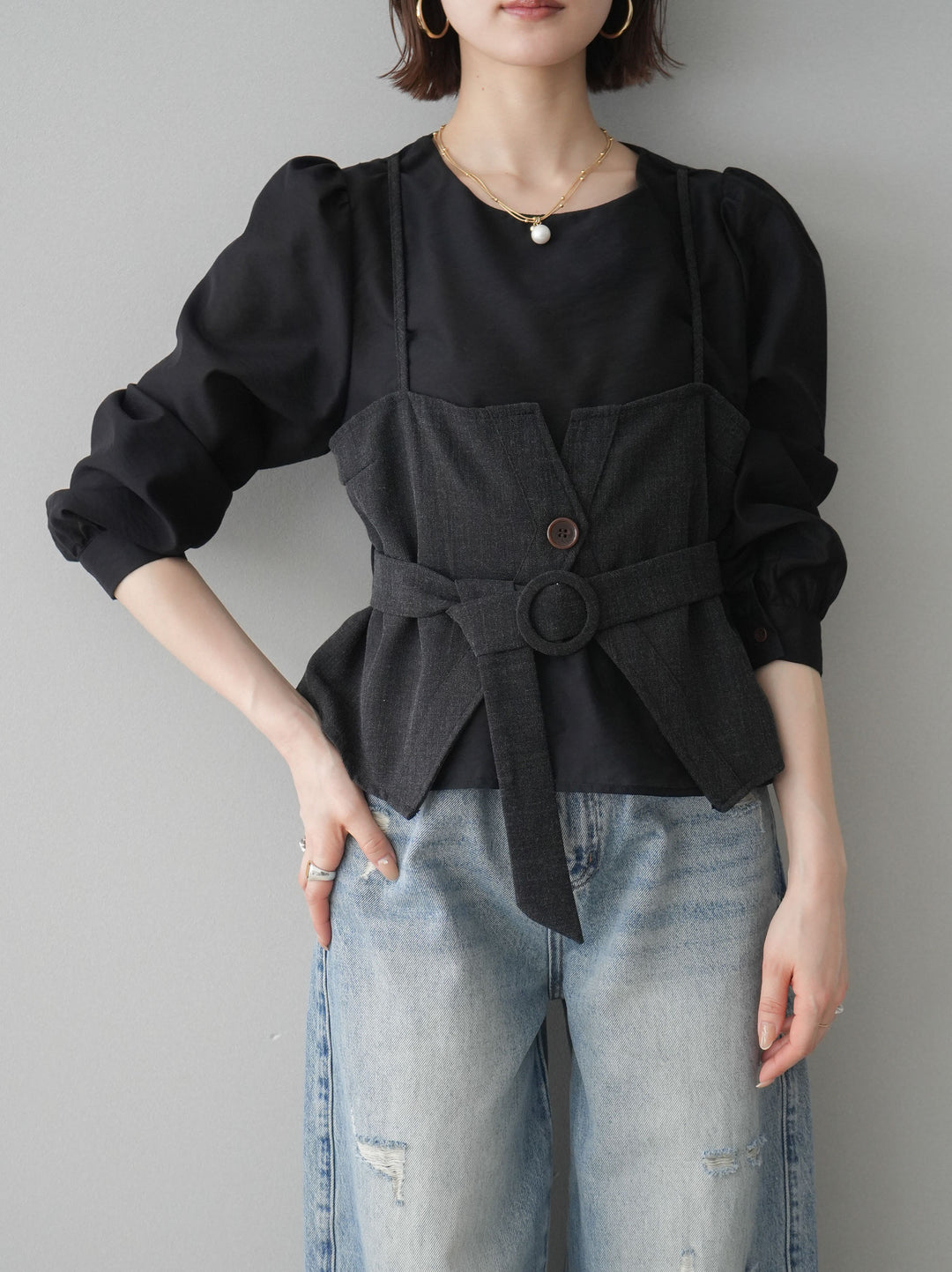 [SET]異素材ビスチェドッキングブラウス+ダメージデニムセミワイドパンツ(2set)