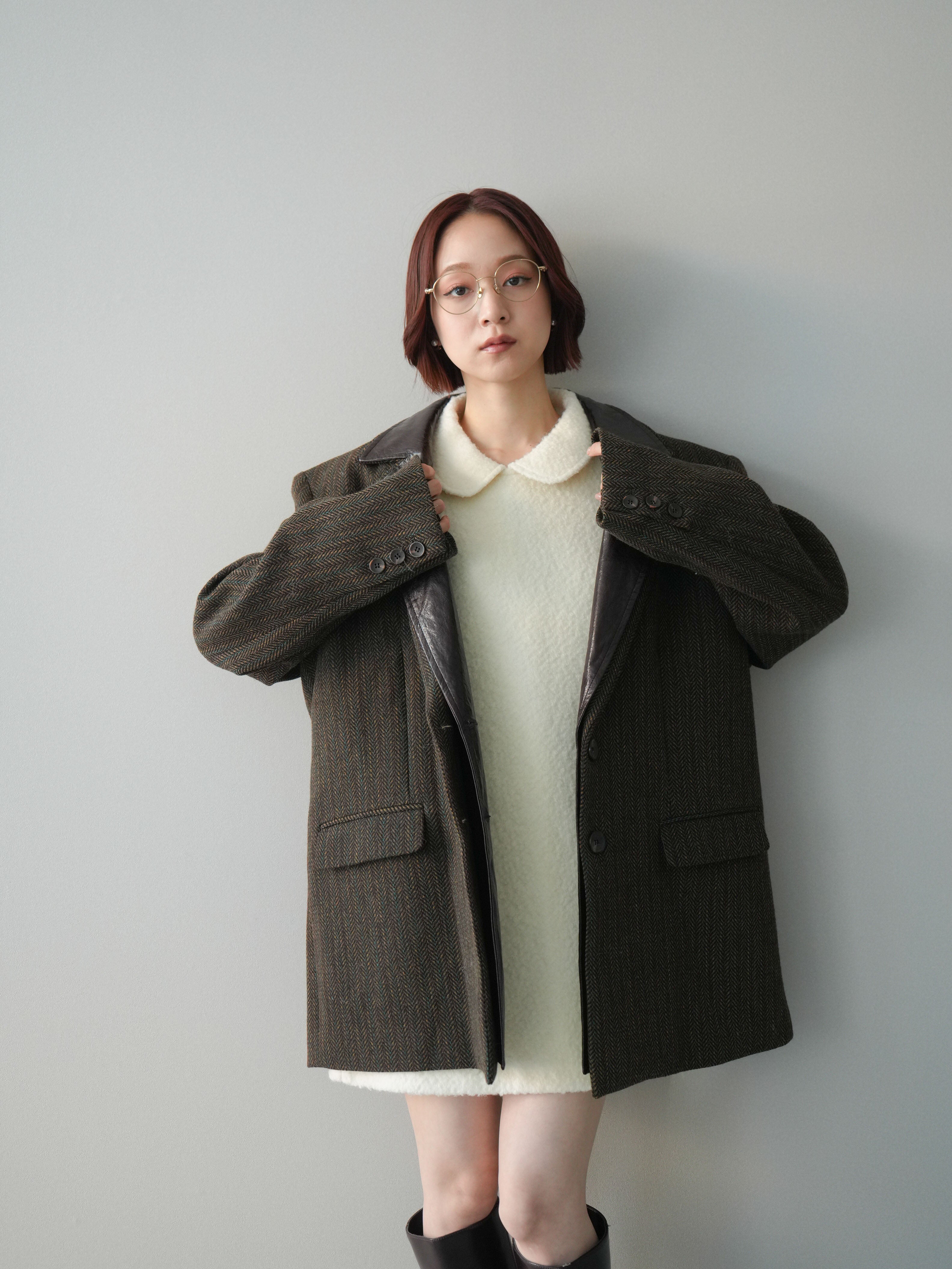 SET]襟付きブークレミニワンピース+レイヤードデザインツイード