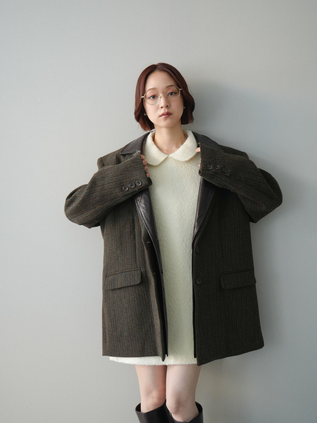 [SET]襟付きブークレミニワンピース+レイヤードデザインツイードテーラードジャケット(2set)