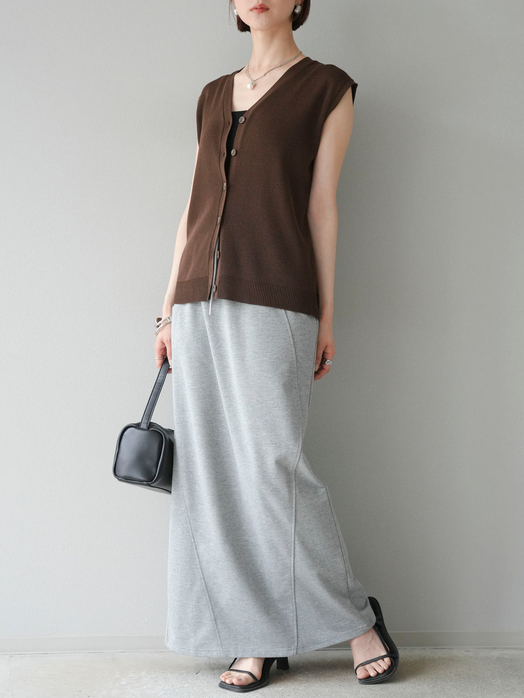 [SET]Vネックレーヨンニットベスト+スウェットロングスカート(2set)