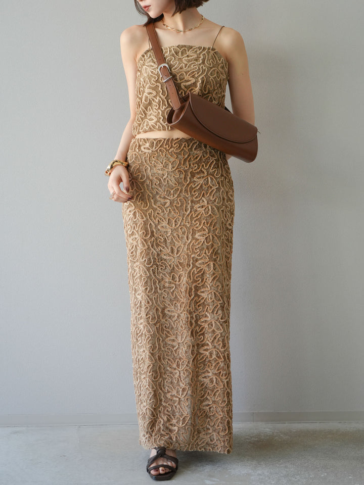 [予約]パイピングフラワーシアーベロアスカート/ベージュ