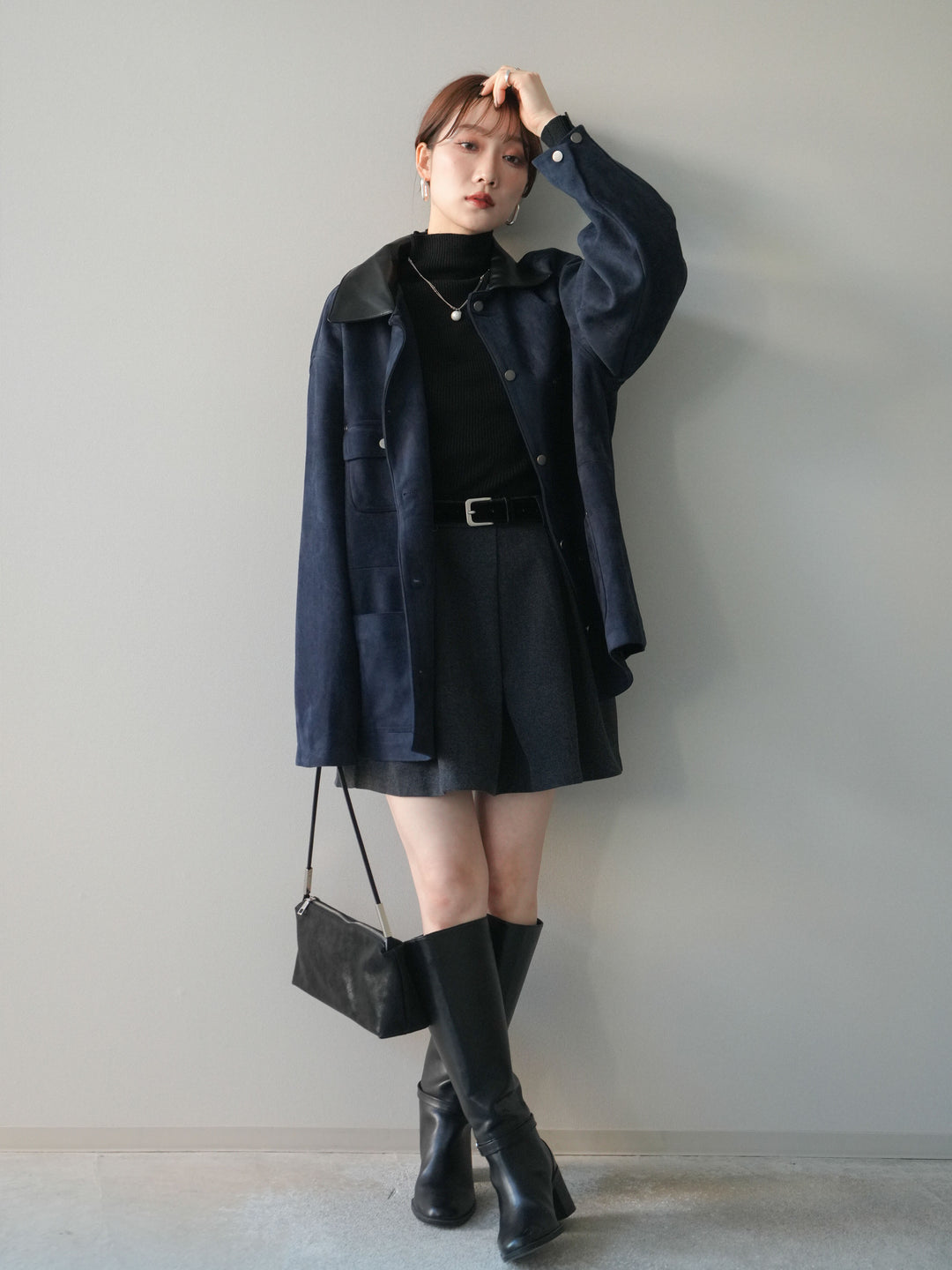 [SET]襟レザーステンカラースエードジャケット+ベルト付きタックミニスカート(2set)