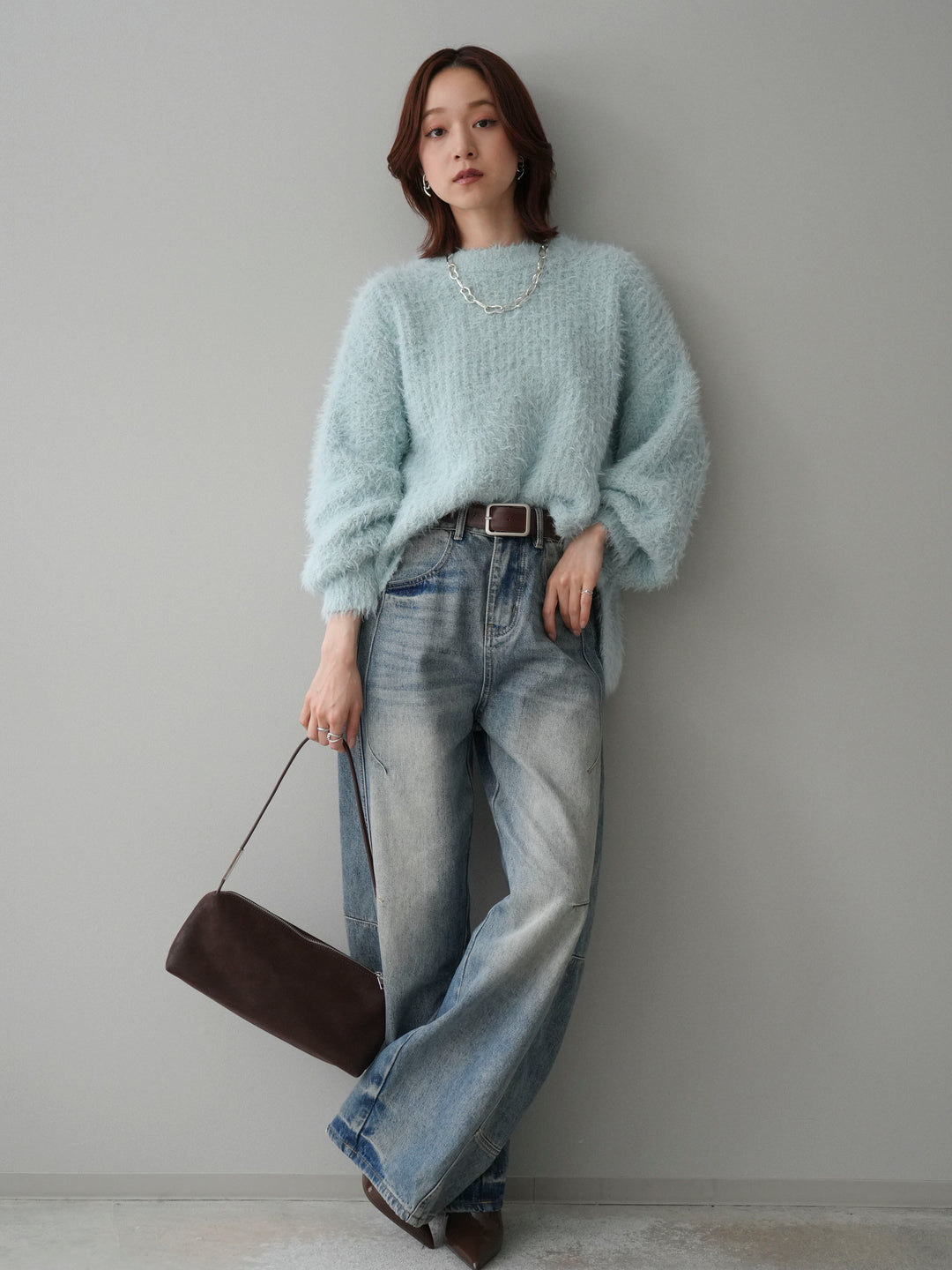 [SET]ボリュームスリーブシャギー MIXニットプルオーバー+ベルト付カーブデニムパンツ(2set)