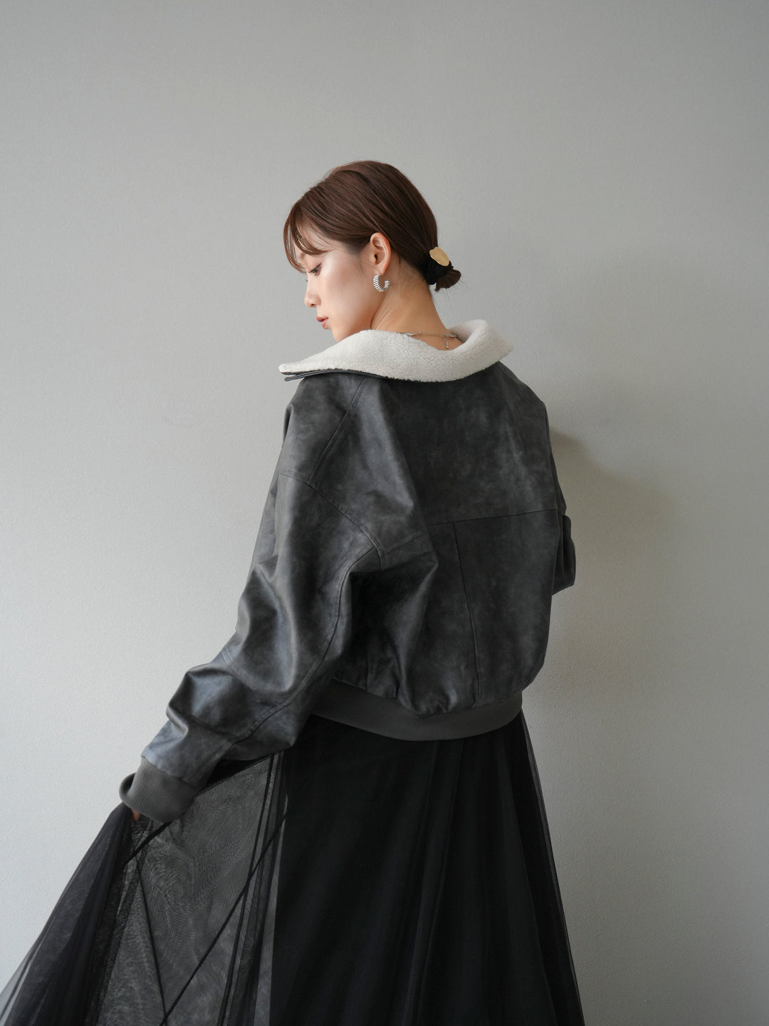 [予約]襟ボアヴィンテージレザーブルゾン/ブラック