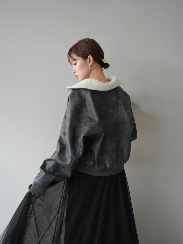 [予約]襟ボアヴィンテージレザーブルゾン/ブラック