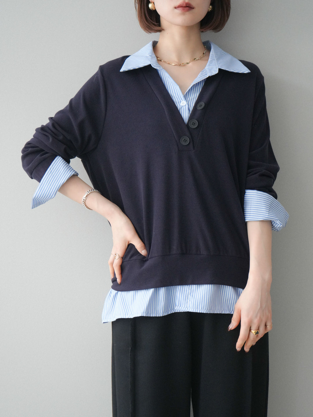 [予約]シャツレイヤードデザインカットプルオーバー/navy