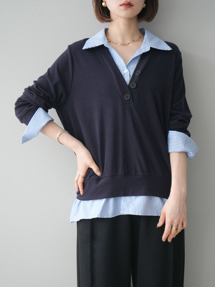 [予約]シャツレイヤードデザインカットプルオーバー/navy