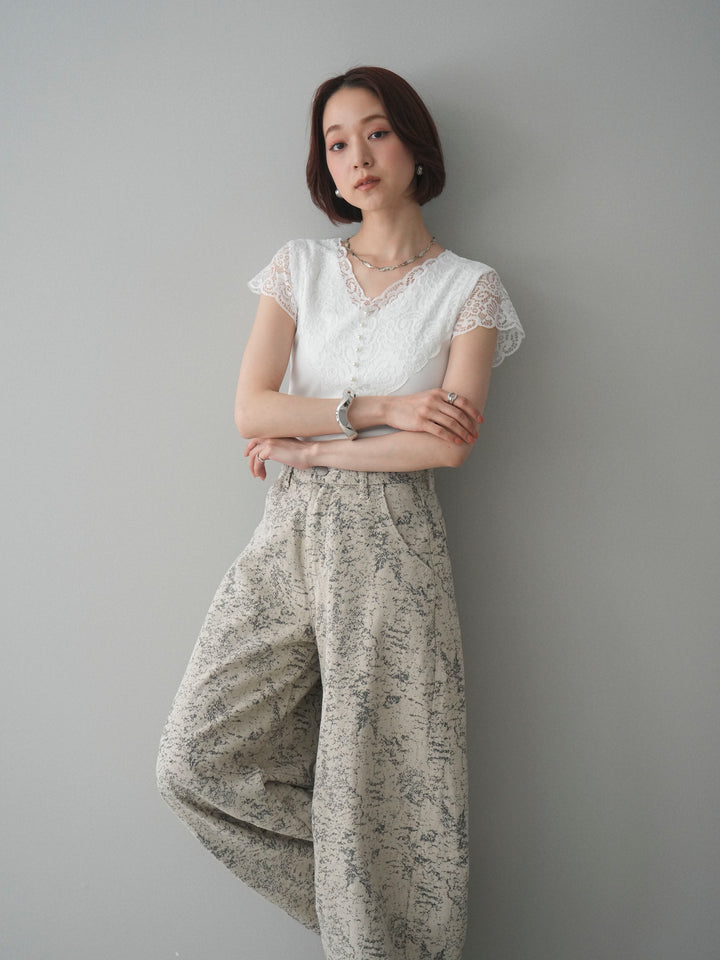 [SET]パールボタンレース切替ニットトップス+ジャガードカーブデニムパンツ(2set)