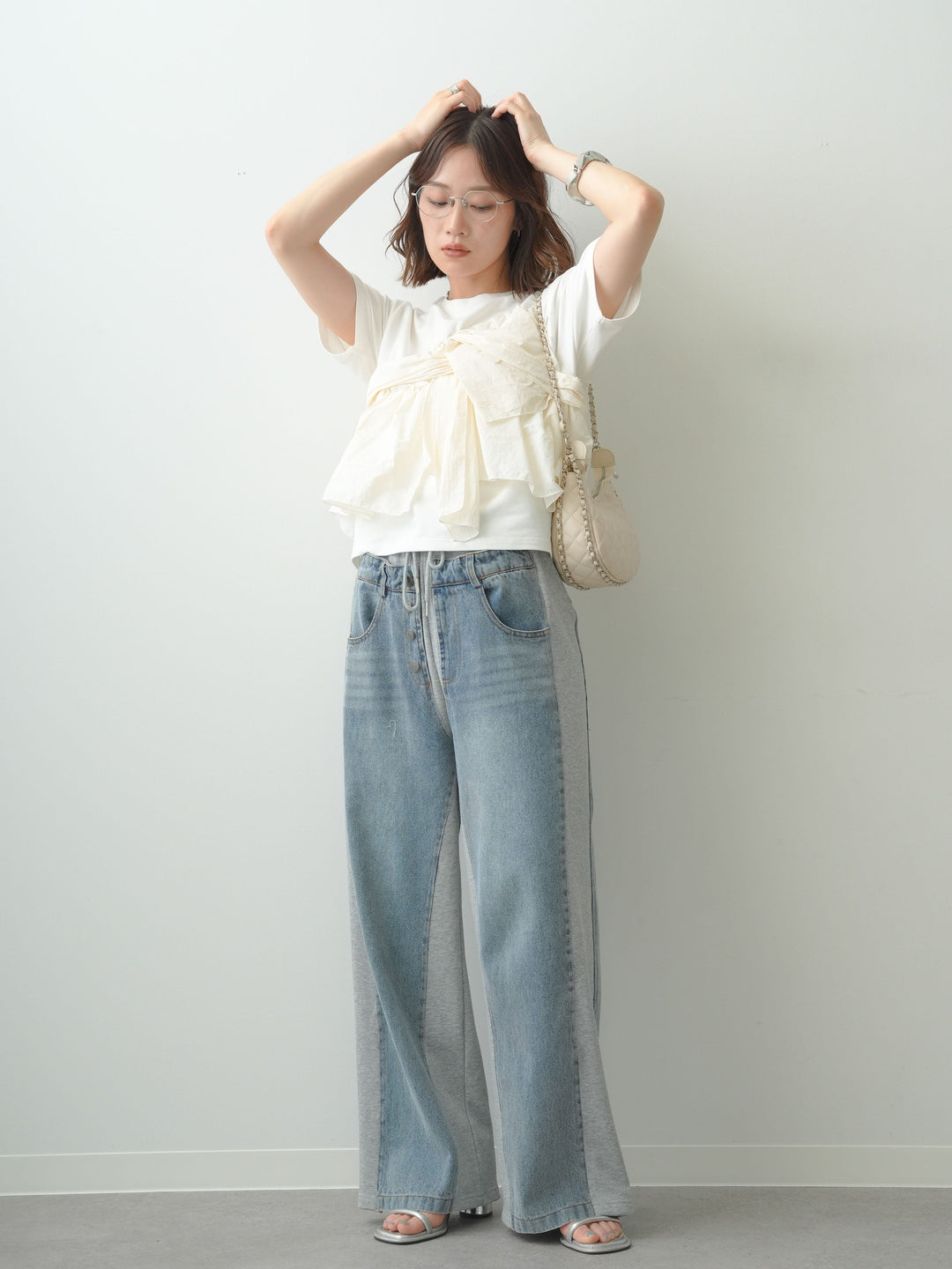 [SET]ナイロンドッキングツイストTEE +デニム切替スウェットパンツ(2set)