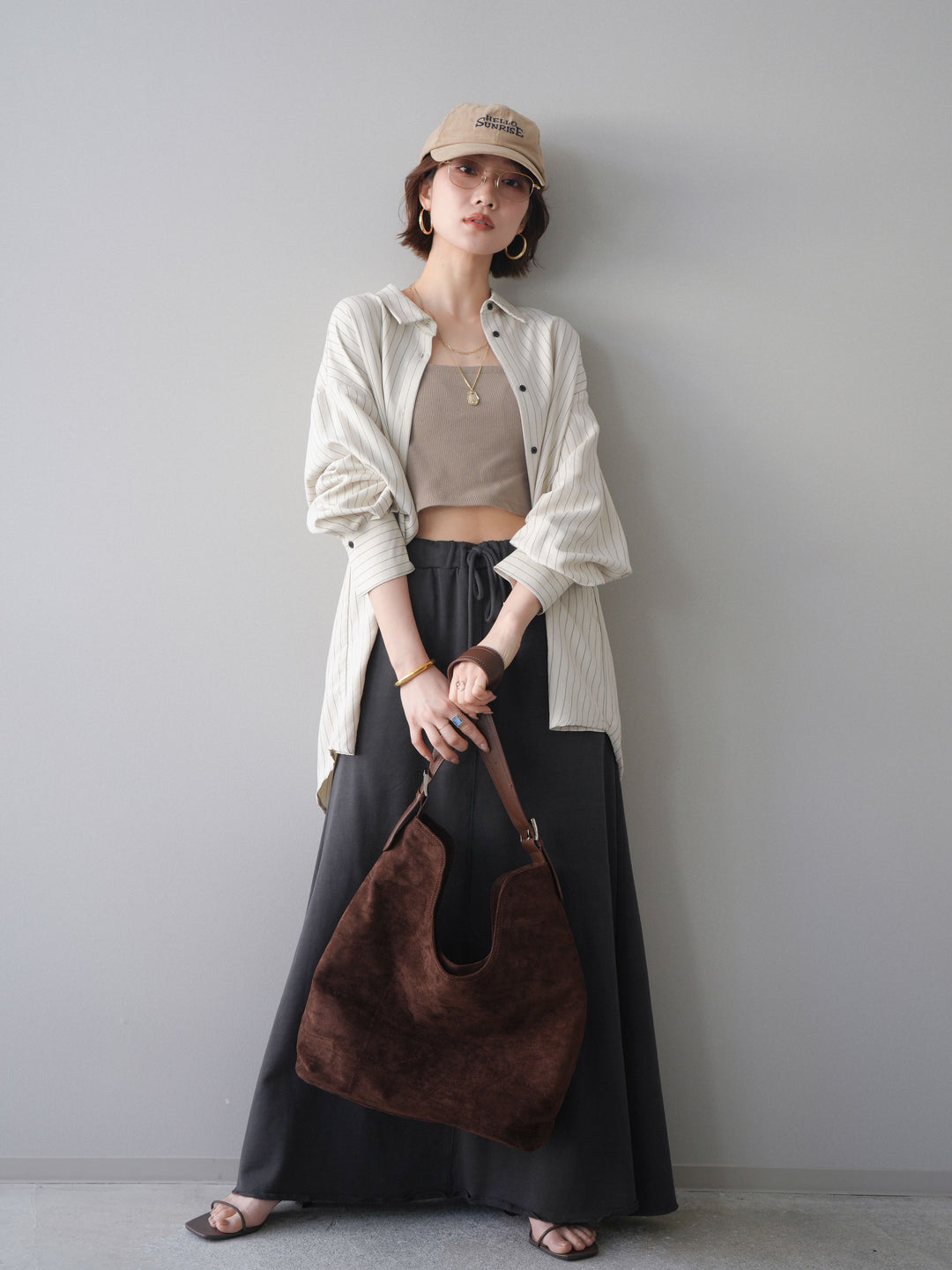 [SET]2WAYカシュクールストライプブラウス+スウェットフレアロングスカート(2set)