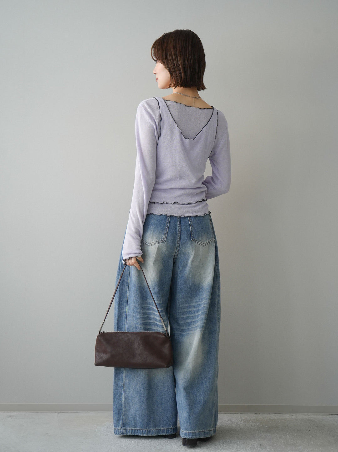 [SET]バイカラーメローアンサンブルシアーニットトップス+フロントポケットサイドタックワイドデニム(2set)