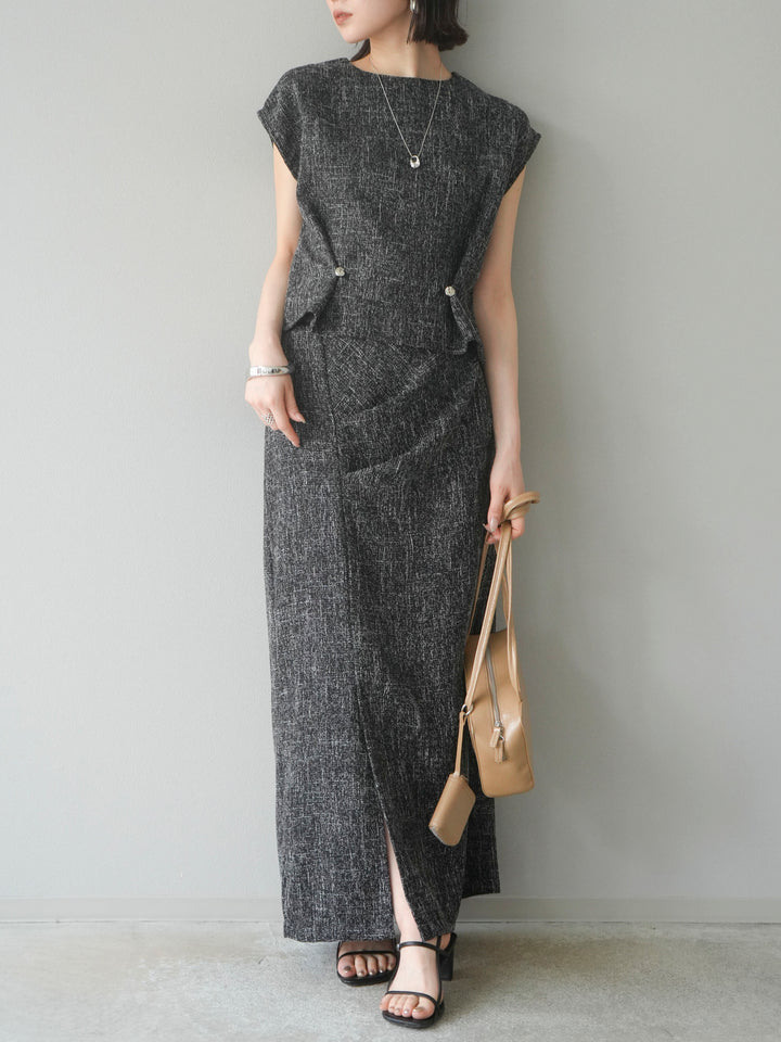 [予約]サマーツイードタックサイドスリットスカート/ブラックホワイト