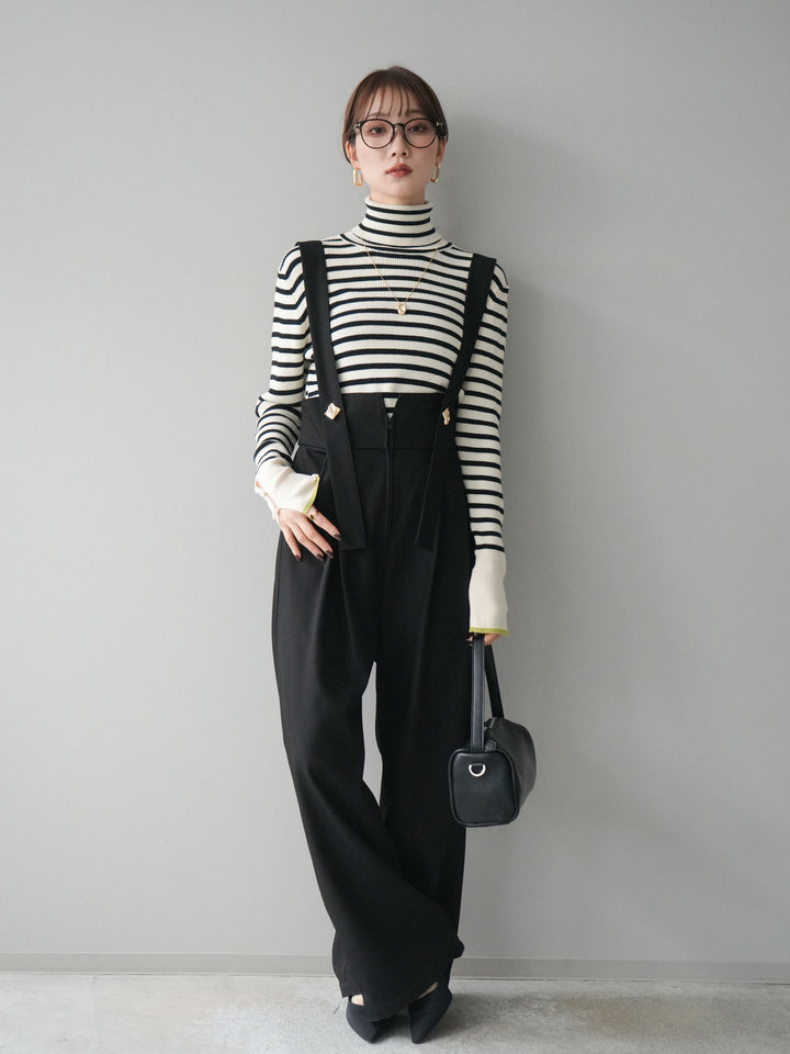 [SET]袖配色ハイネックボーダーリブニットトップス+ゴールドボタンサスペンダーワイドパンツ(2set)