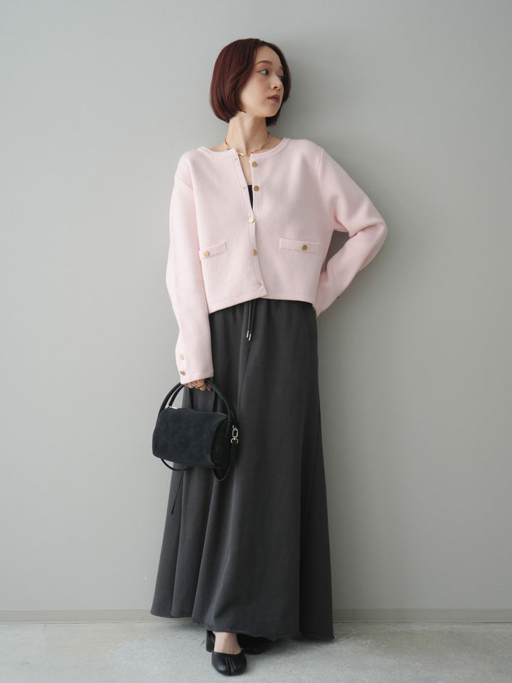 [SET]ゴールドボタンノーカラーニットジャケット+スウェットフレアロングスカート(2set)