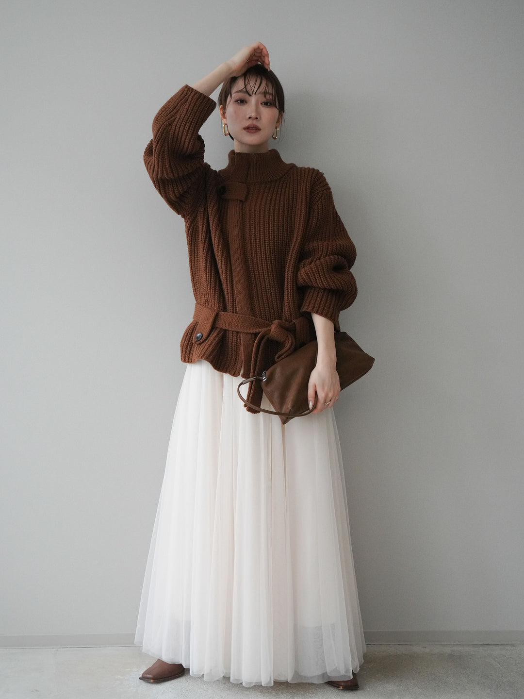 [SET]畦編みボトルネックZIPニットカーディガン+チュールボリュームスカート(2set)