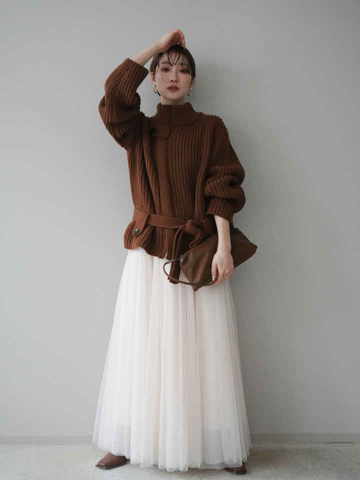 [SET]畦編みボトルネックZIPニットカーディガン+チュールボリュームスカート(2set)