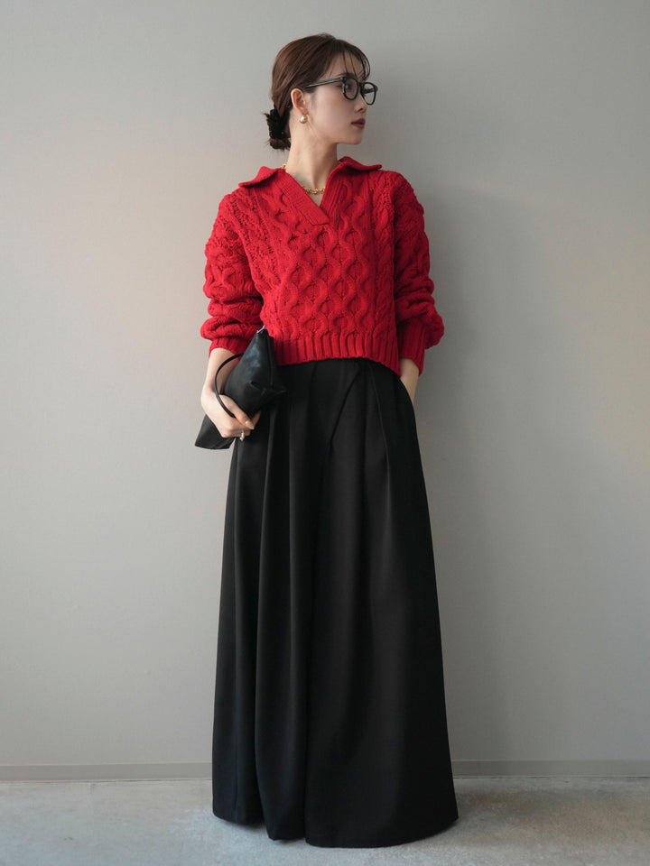 [SET]バルキーケーブルクロップド開襟プルオーバー+テープベルトタックバギーパンツ(2set)