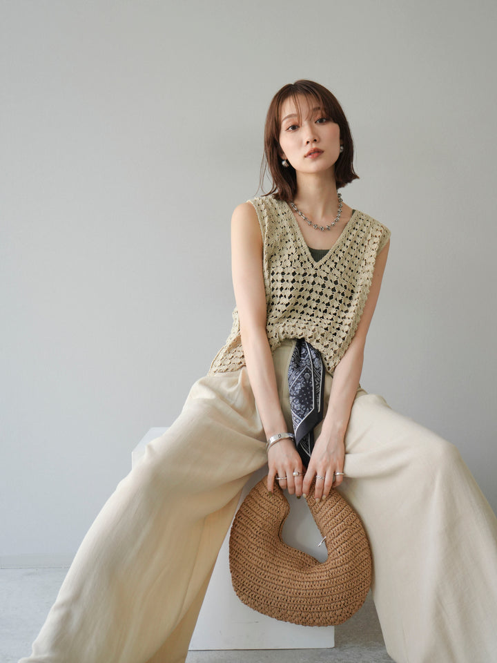 [予約]レースアップクロシェ編みニットベスト/ベージュ