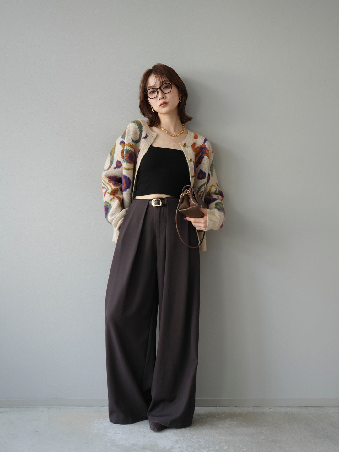 【着回しセット】[SET]求心柄クロップドニットカーディガン+ミックスヤーンペイズリー柄ニットカーディガン+ベルトループデザインワイドパンツ(3set)