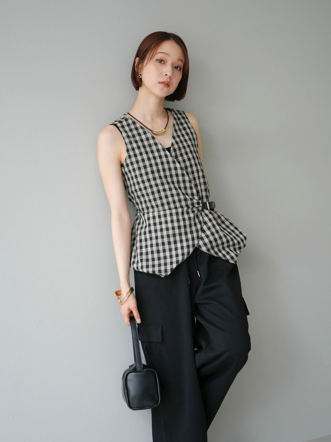 [予約]ベルトデザインバルーンブラウス/チェック