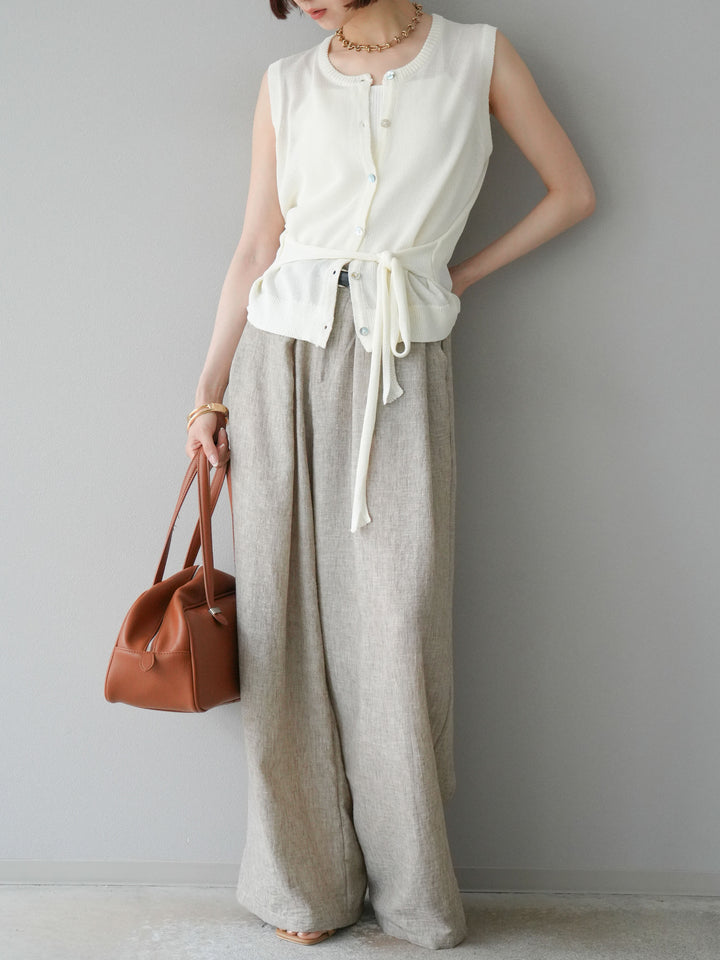 [予約]リネンライクベルト付タックループワイドパンツ/ベージュ