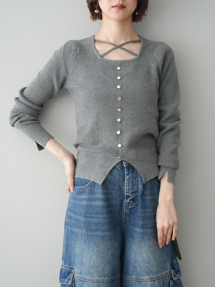 [予約]クロスデザインネックシルバーボタンニット/gray