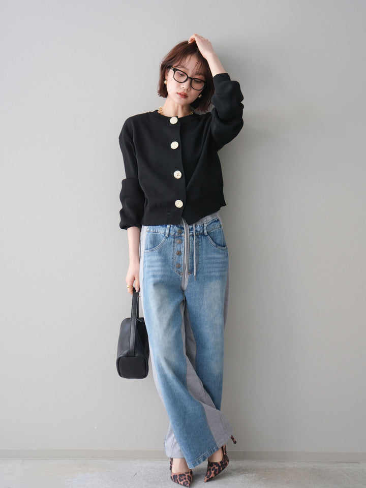 [SET]メタルボタンクルーネックニットカーディガン+デニム切替スウェットパンツ(2set)